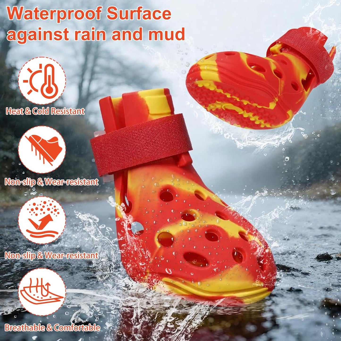 Dog Shoes for Hot Pavement and Snow, Silicone Dog Booties for Small Medium Large Dogs, Waterproof Paw Protectors- Non-Slip, Adjustable Straps, Dog Boots for Beach/Rain/Hiking (Yellow Red, L)