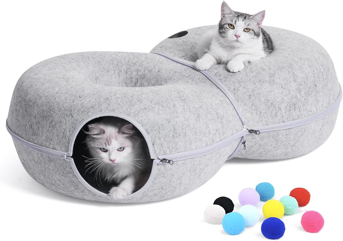 8-Shaped Large Cat Tunnel Bed for Indoor Cats, Infinite Circulation Peekaboo Cat Cave with 12 Toy Balls, Cat Donut Tunnel for Cats up to 30 Pounds (Light Grey, L 38x24x11in)