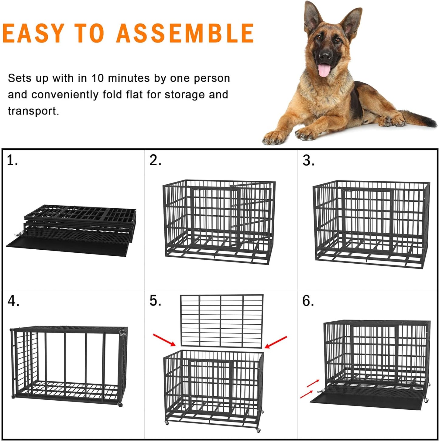 54/48/42/38 Inch Heavy Duty Dog Crate Cage with Wheels, Indestructible and Escape Proof Steel Kennel Indoor for High Anxiety Dogs with Sturdy Locks, Double Door and Tray, Extra Large XL XXL