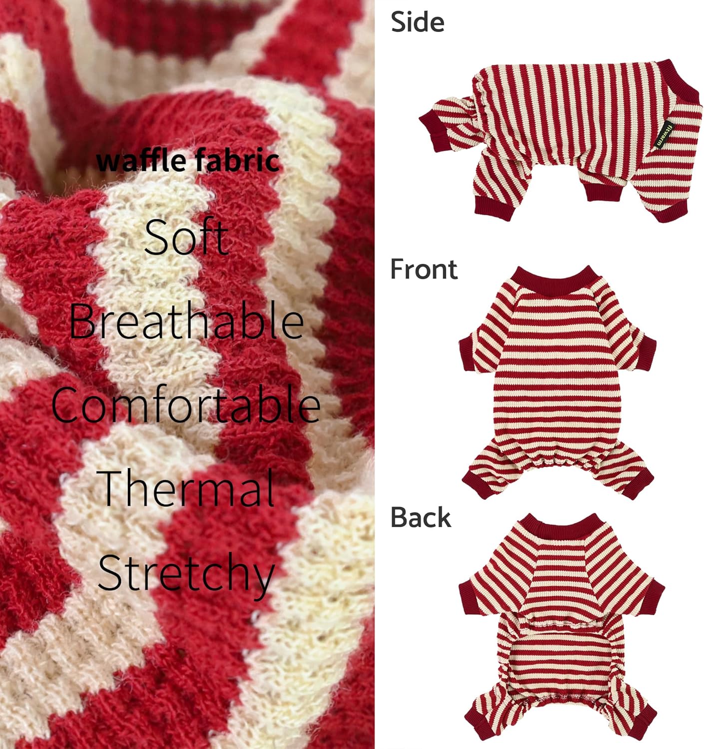 Fitwarm Red and White Striped Dog Pajamas, Waffle Dog Clothes for Small Dogs Girl Boy, Puppy Onesie with Feet, Pet Christmas Outfit, XS