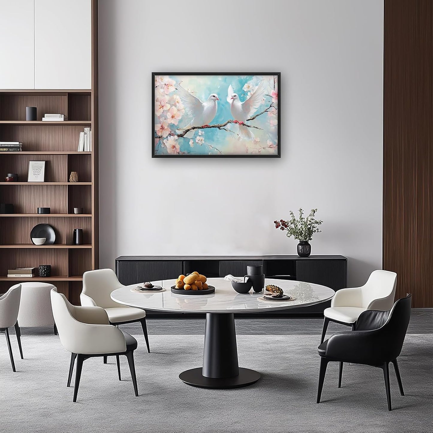 Large White Dove Flower Wall Art for Living Room, Framed Oversized Pigeon Cherry Blossom Wall Decor Nature Canvas Painting Modern Artwork for Living Room Bathroom Bedroom Office Dining Room 36"x24"