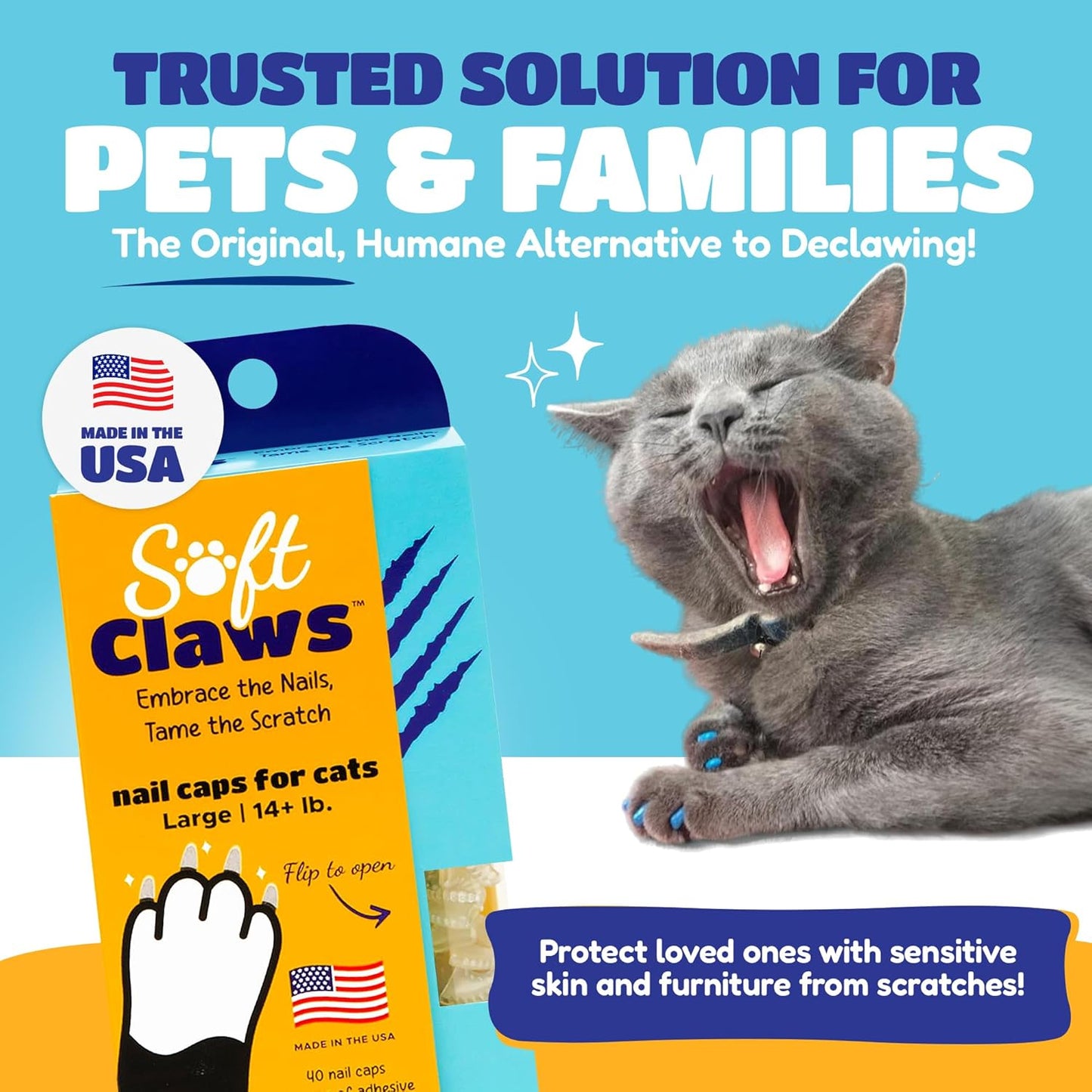 Soft Claws Cat Nail Caps for Large Cats – (40 Caps, Black) - Made in USA - Veterinarian-Developed | Protects Furniture & Skin - Easy to Apply, Long-Lasting Anti-Scratch Soft Cat Claw Covers.