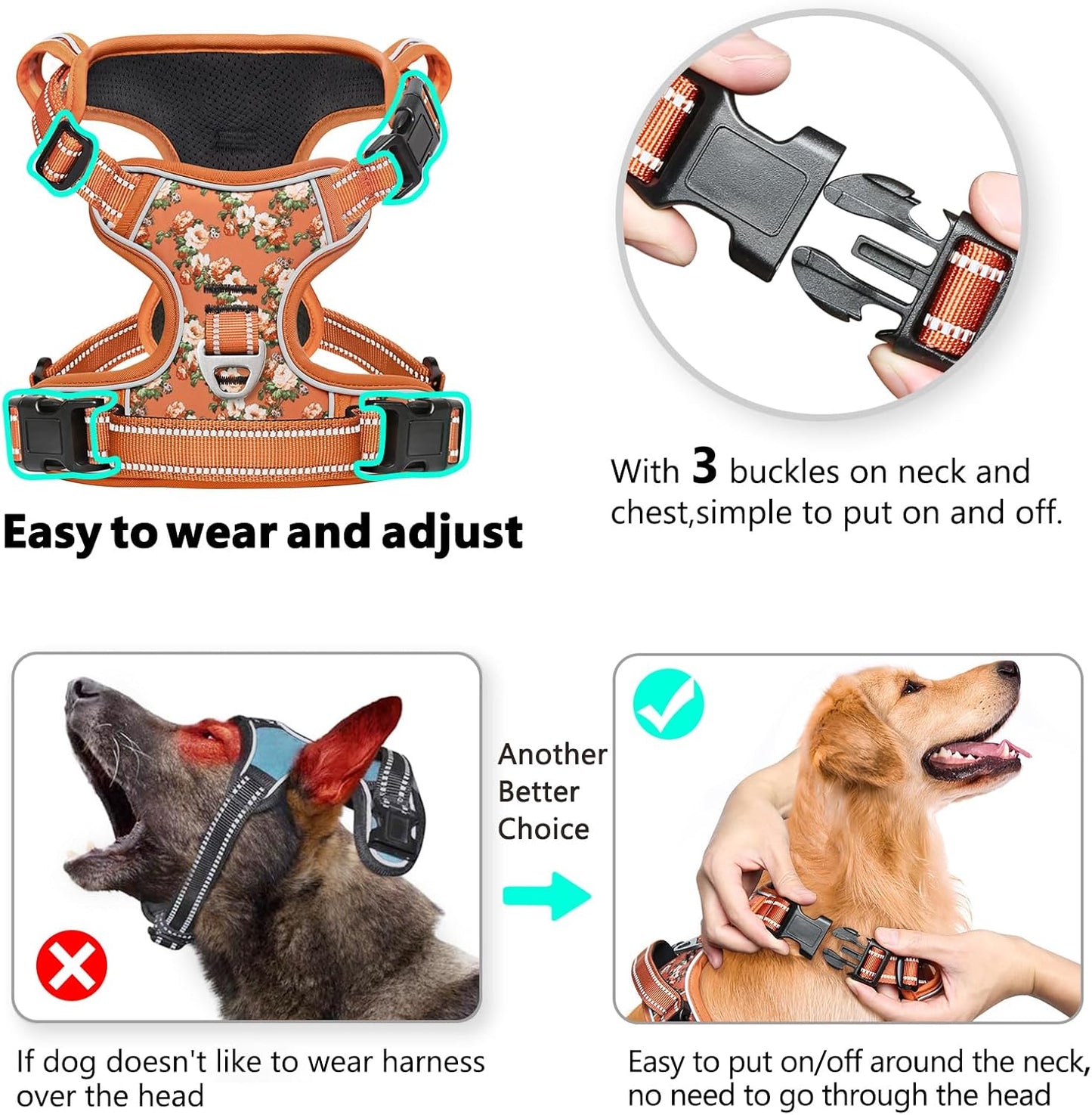 Timos Dog Harness for Large Dogs, No Pull Service Vest with Reflective Strips and Control Handle,No Choke Dog Harness with 2 Metal Rings for Easy Walking,Outdoor Training,Flower Orange, L