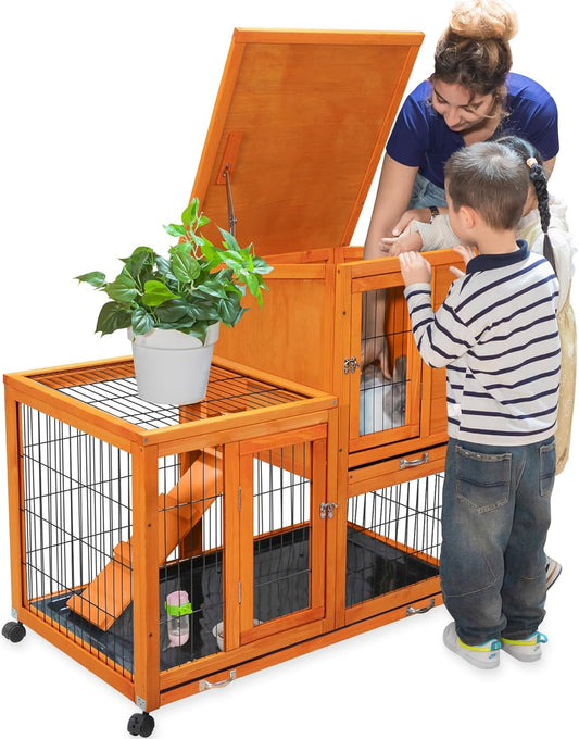Indoor Rabbit Hutch Outdoor Bunny Hutch with Wheels, 2 Pull-Out Trays, Waterproof Openable Roof, 39" L Large 2-Level Wooden Rabbit Cage Small Animal Enclosure, Orange