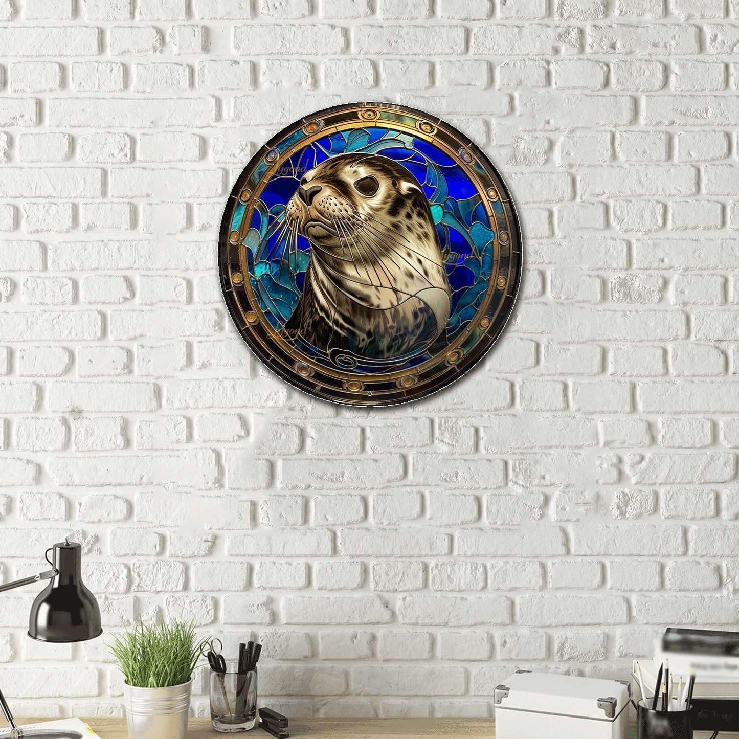 Lygond Metal Sign Tin Sign Circular Stained Glass Harbor Tin Sig For Pet 12×12 Inches