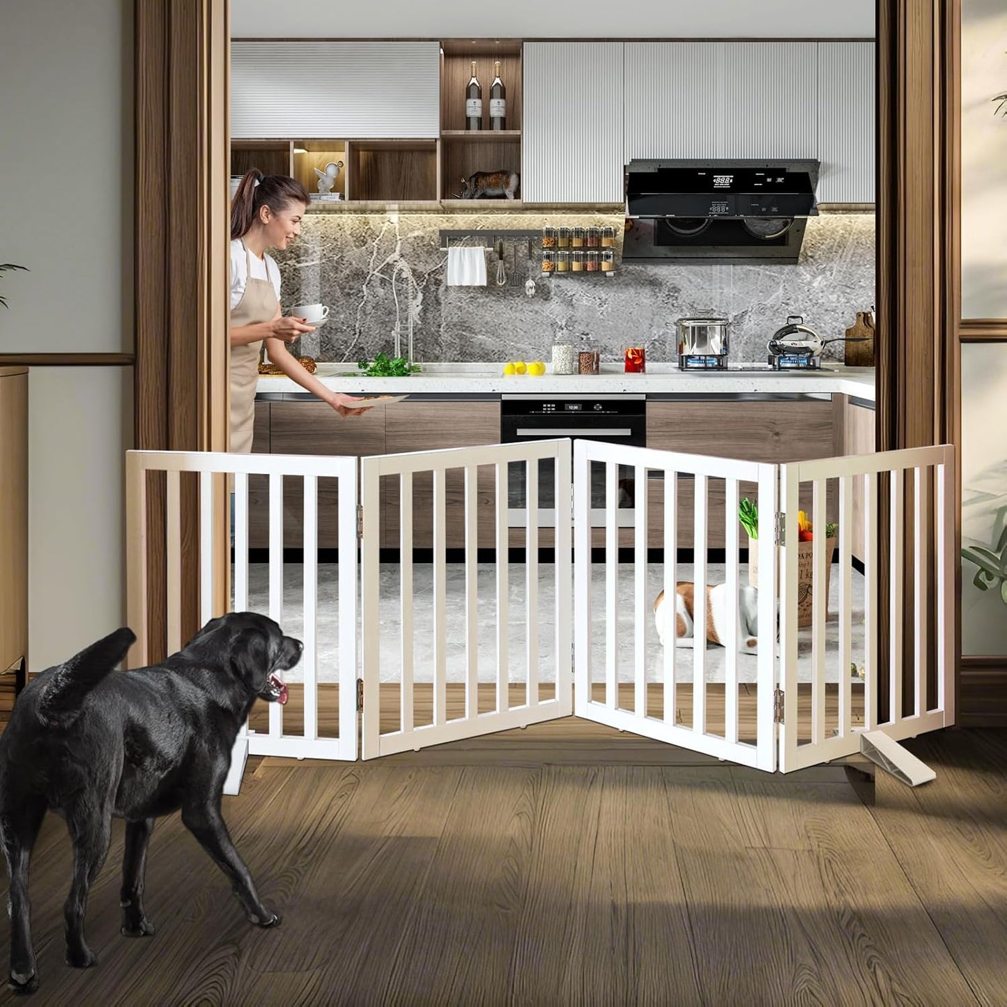ZJSF Freestanding Indoor Dog Gate for House Foldable Wood White Puppy Gate for Doorways Pet Gate for Stairs Extra Wide Pet Fence 24" Height 4 Panels