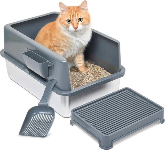 iPrimio Premium Stainless Cat Litter Box for Easy Cleanup - Durable and High Sides Stainless Steel Litter Box with Step Scoop - Mat Elevated for Cats - Scratch and Bite Proof - Dark Grey