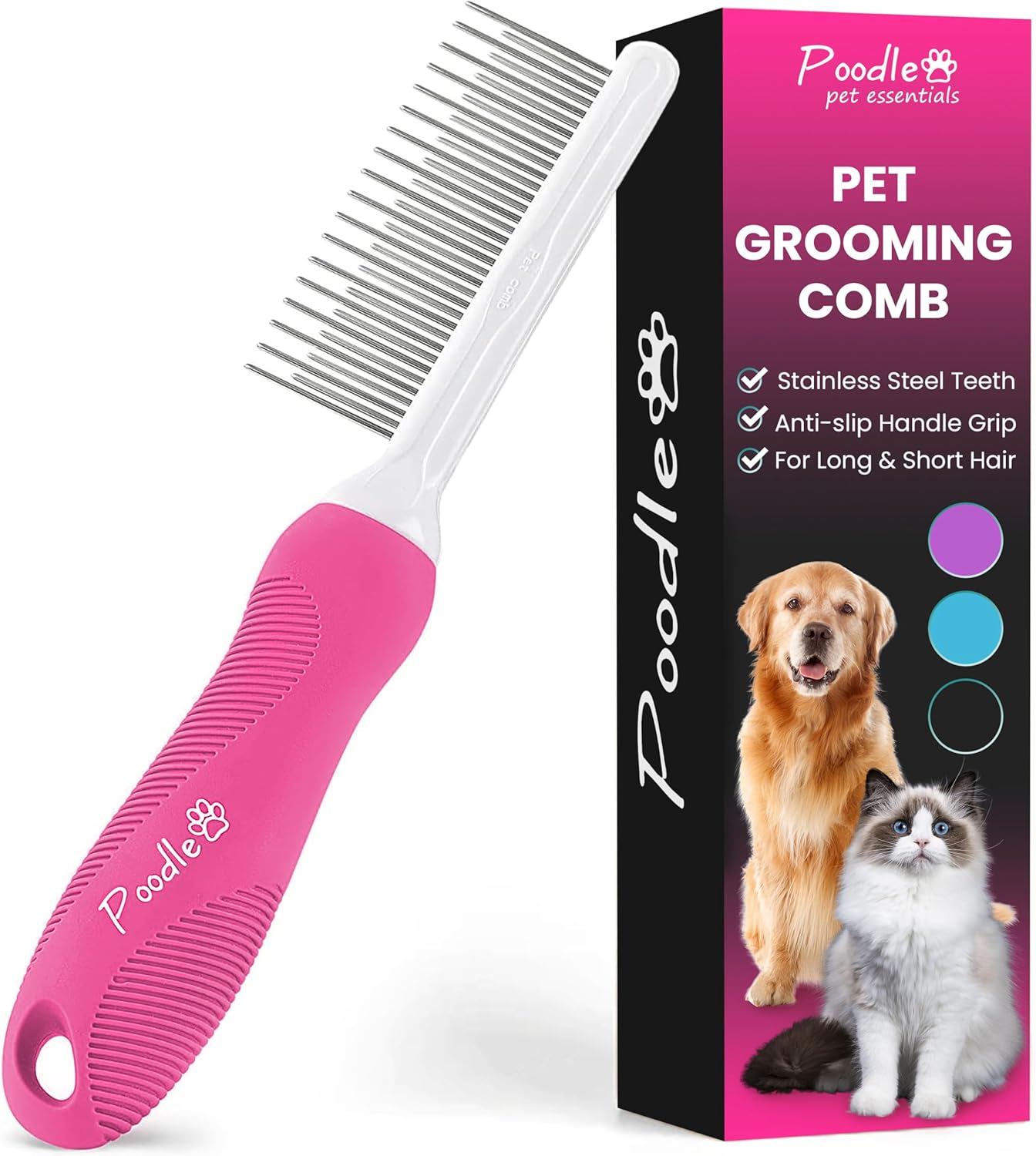 Poodle Pet Detangling Pet Comb with Long & Short Stainless Steel Teeth for Removing Matted Fur, Knots & Tangles – Detangler Tool Accessories for Safe & Gentle DIY Dog & Cat Grooming (Pink)