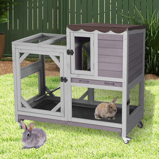 Wooden Rabbit Hutch with Two Story, Bunny Cage with Leak-Proof Trays, and Chew-Proof Ramp, Guinea Pig Cage with Wheels, Suitable for Indoor/Outdoor Use (Grey)