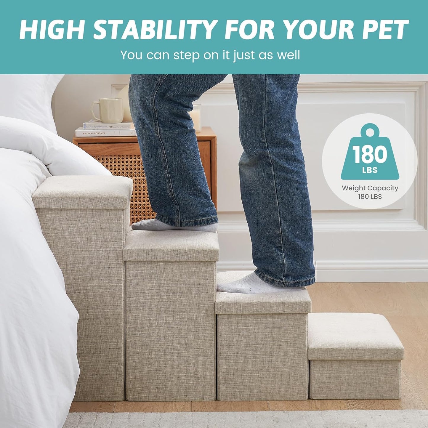 Dog Stairs with Storage, 4-Step Wider Sturdy Dog Steps for Small/Medium/Large Dogs and Older Cats, Folding Doggie Ramp for Bed/Couch/Car Hold Up to 180 lbs (22" H, Beige)