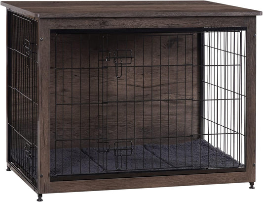DWANTON Dog Crate Furniture with Cushion, Wooden Kennel Table with Double Doors, Indoor Dog House, Medium Size, 32.5" L, Dark Gray