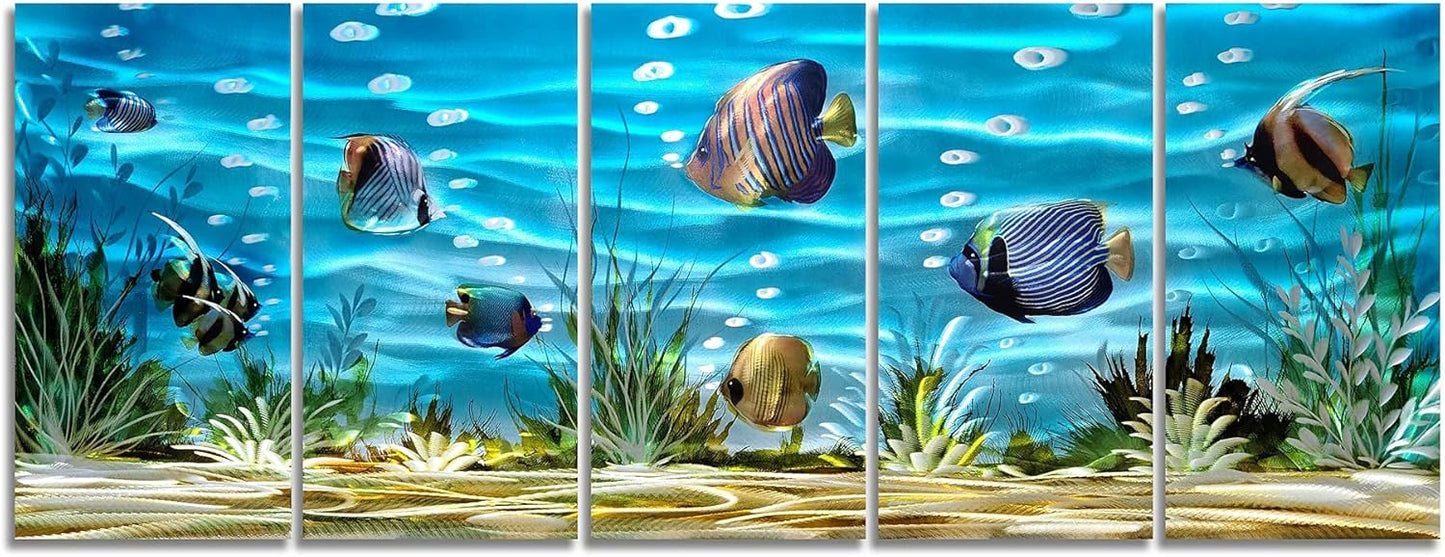 SYGALLERIER School Of Fish Metal Wall Art Handcrafted 3D Coastal Aluminum Artwork Modern Abstract Sea Styles Wall Accent in Blue Green Silver Color for Living Room Bedroom Bathroom Decor