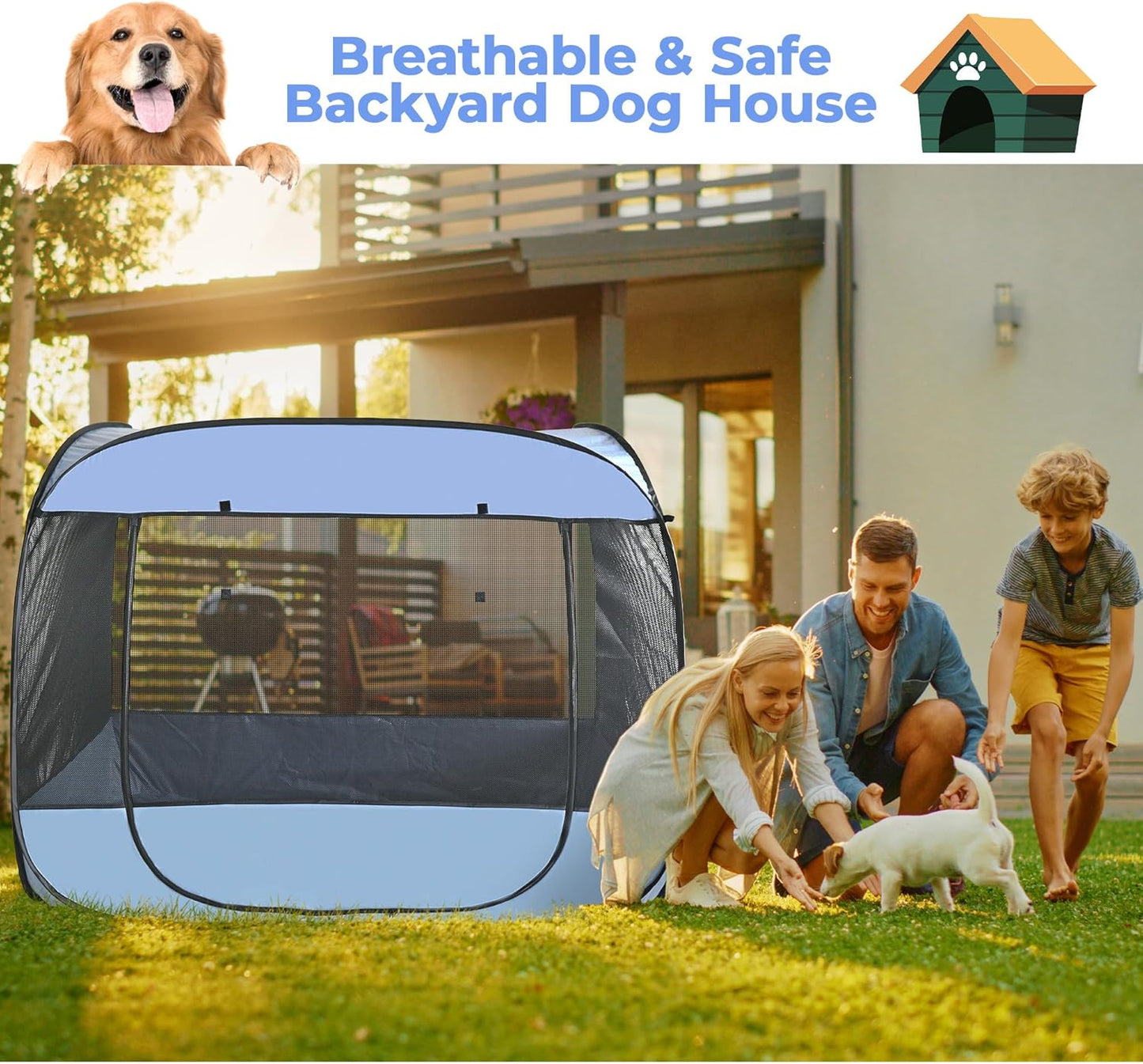 EighteenTek XLarge Popup Portable Dog Houses, 5.3'x4'H Assembly-Free Gazebo-Style Dog Cot Cat Playpen Screen Pet Tent Sun Shade Shelter Dog Bed with Canopy for Outdoor, Anti-Bugs with Leakproof Bottom