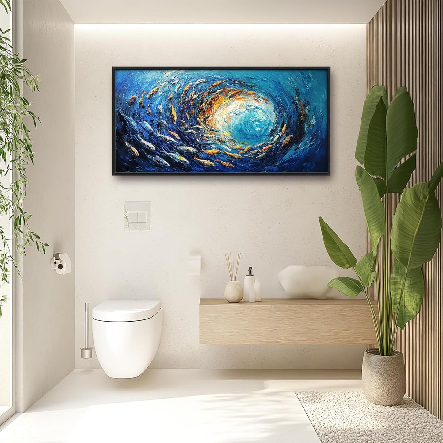 Extra Large Framed Abstract Ocean Fish Wall Art,Oversized Blue Sea Nautical Fish Wall Decor Pictures for Living Room,Canvas Print Painting Modern Artwork Bedroom Office Bathroom Home Decor 60L x30W