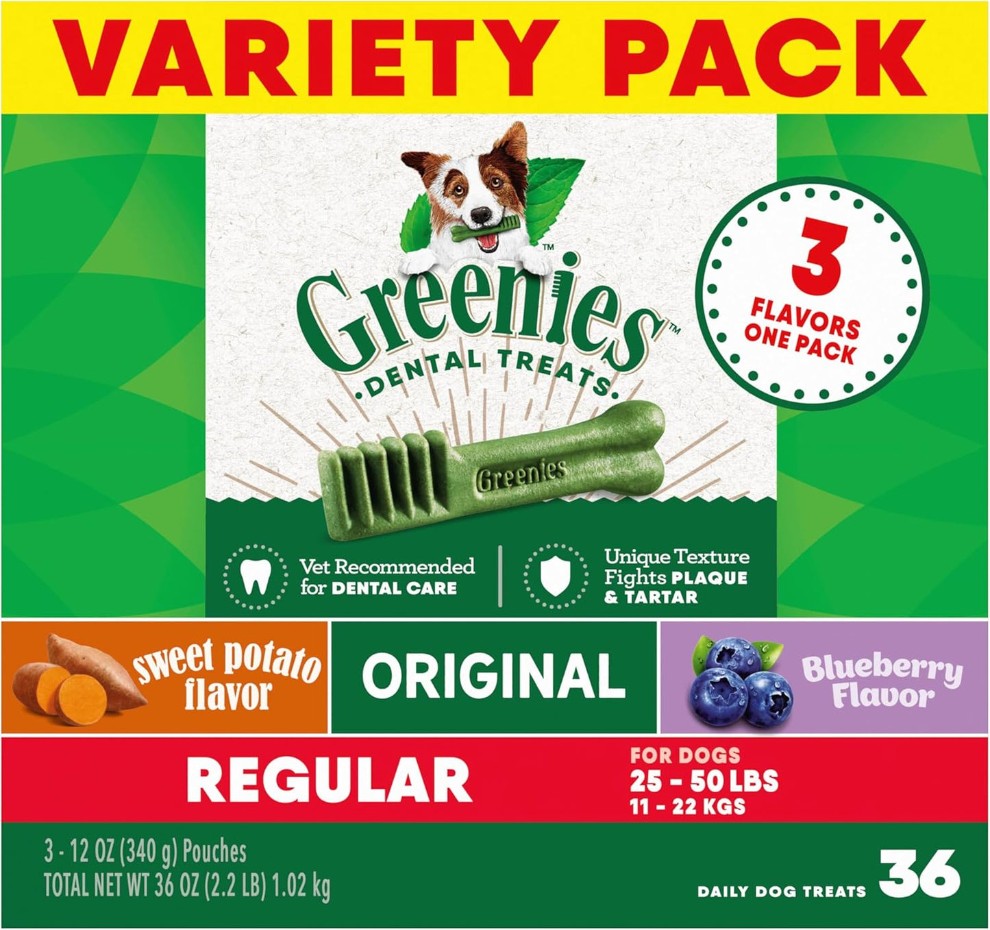 Greenies Regular Dental Dog Treats, 3-Flavor Variety Pack, (3) 12 oz. Pouches, 36 Total Treats
