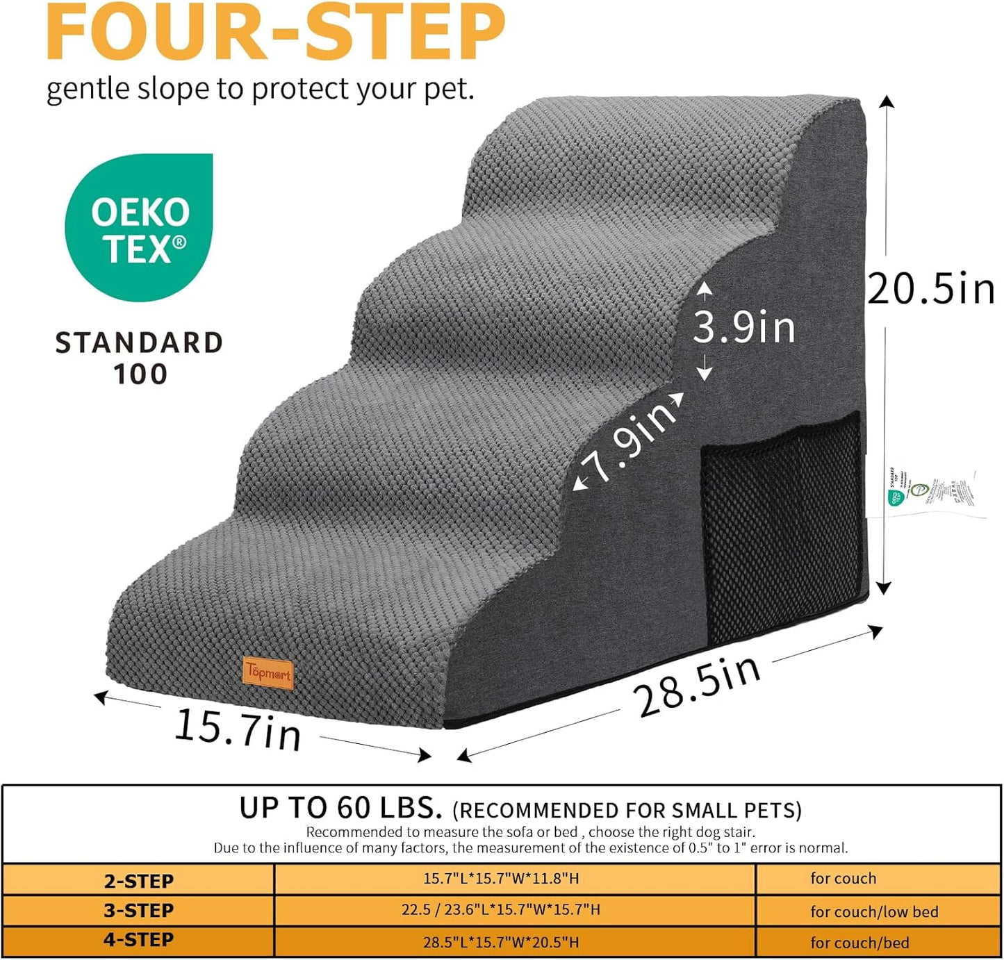 Topmart High Density Foam Dog Steps 4 Tiers,Extra Wide Deep Pet Steps,Non-Slip Dog Stairs Ramp for Bed,Soft Foam Cat Ladder,Best for Older Injured,Older Pets,Cats with Joint Pain
