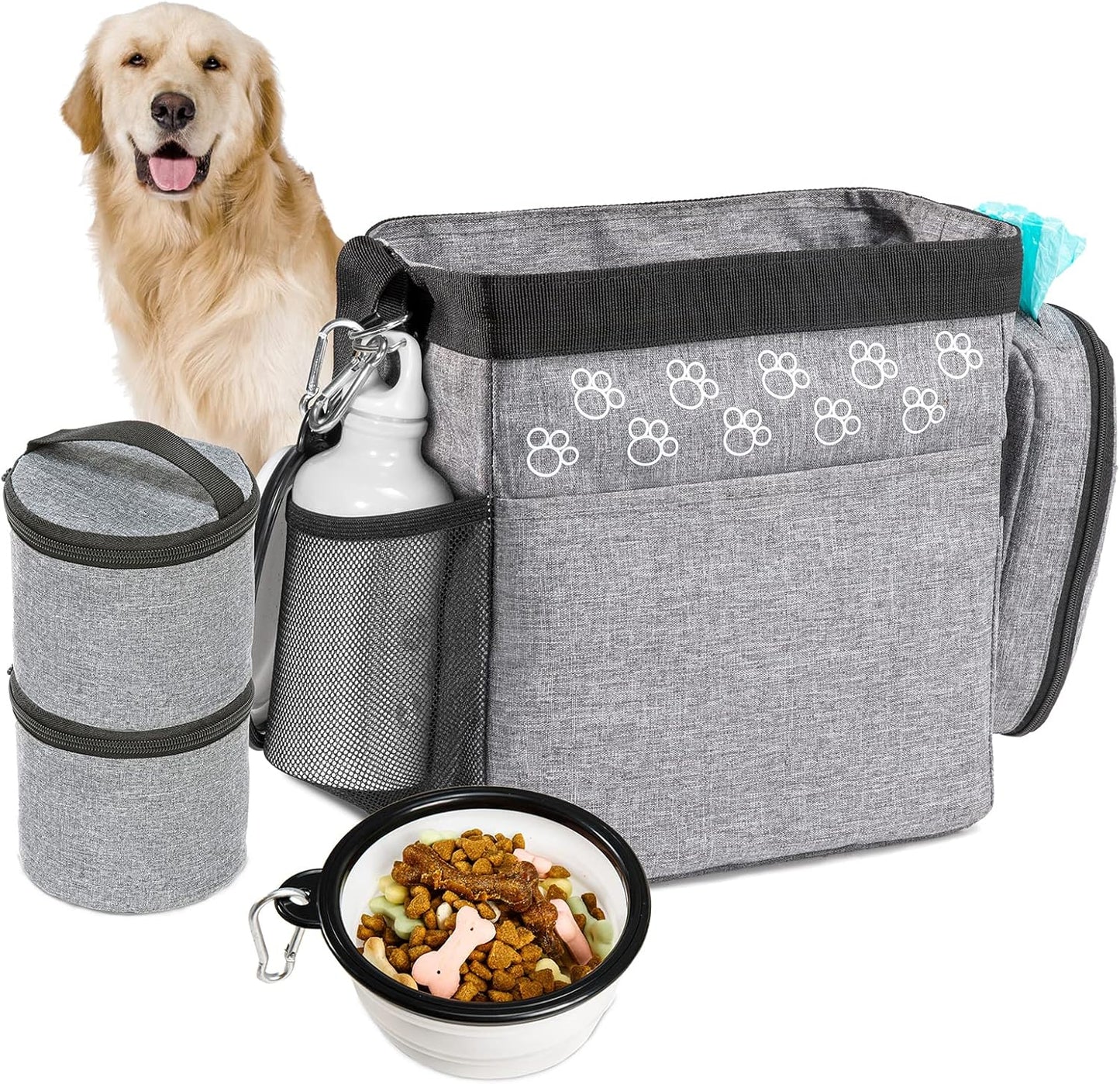 Dog Travel Bag with Treat Pouch, Airline Approved Dog Bags for Traveling, 2 Dog Food Travel Container, 2 Travel Bowls, Weekend Dog Travel Bag for Supplies, Dog Travel Kit Accessories
