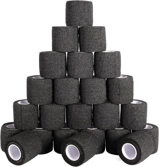 24 Pack Self Adhesive Bandage Wrap, 2” x 5 Yards Elastic Cohesive Bandage Wrap Black Athletic Tape Grip Tape for Ankle, Wrist Sprains, Sports Injuries & Pet First Aid | Medical Sports Tape