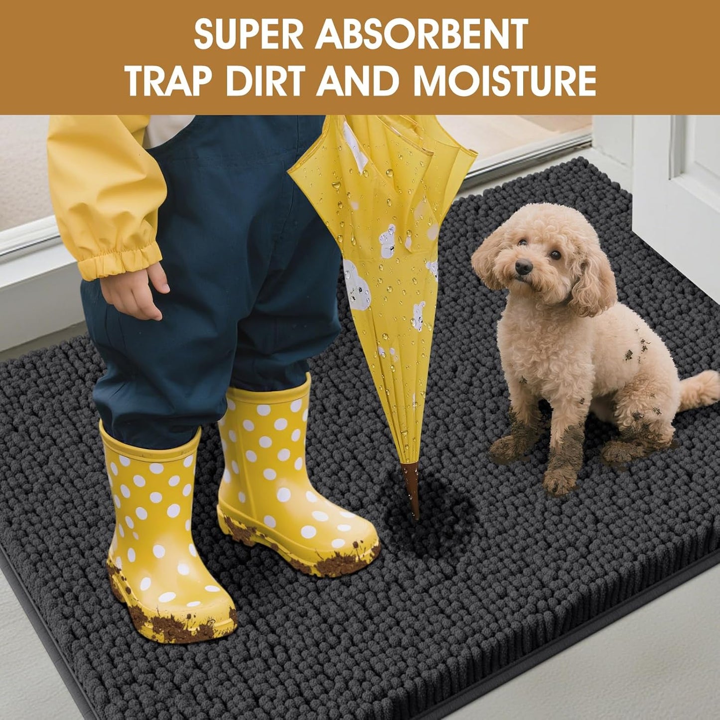 2 Pieces Muddy Door Mats for Dogs, Chenille Absorbent Pet Mats, Quick Dry, Trap Dirt Non Slip Heavy Indoor Doormat Soft Dog Bed Mat Front Inside Door Mat for Indoor Outdoor Entrance,Dark Grey