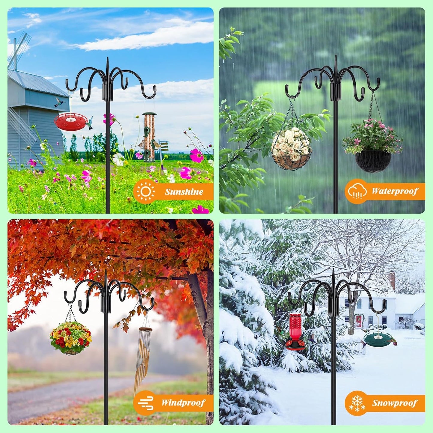 FEED GARDEN 76 Inch Four Shepherd Hooks for Outdoor,Bird Feeder Pole with 5 Prong Base, Adjustable Shepard Hooks for Hanging Plant, Solar Lanterns, Wind Chimes, 2 Pack