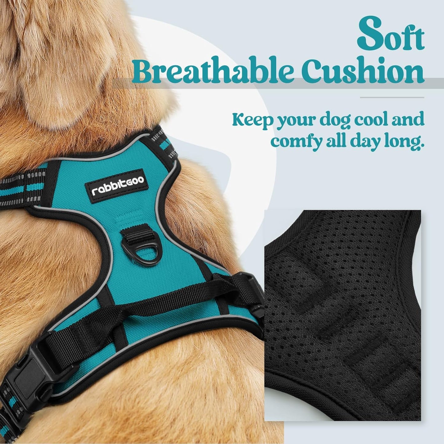 rabbitgoo Dog Harness No Pull with 2 Leash Clips, Adjustable Soft Padded, Reflective Oxford No Choke Pet Vest with Easy Control Handle for Large Dogs, Teal, XL