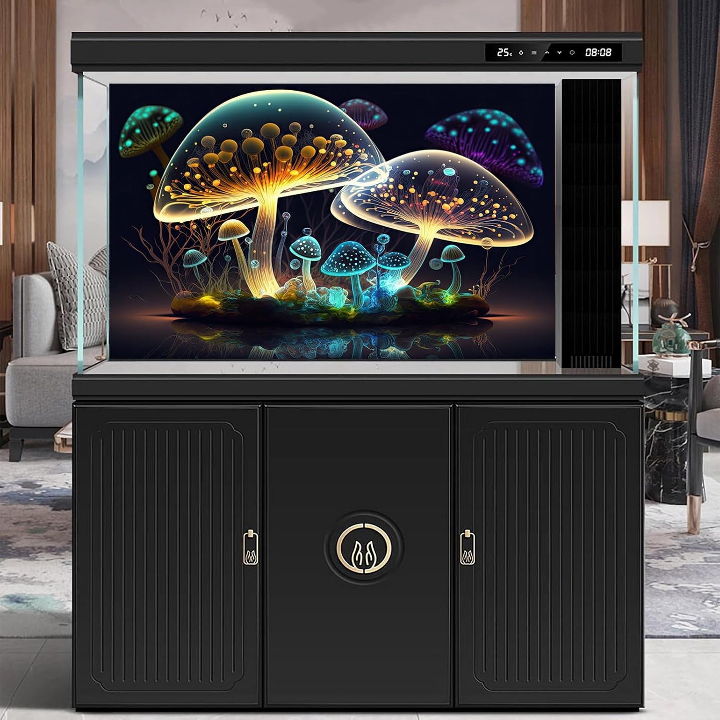 Mushroom Aquarium Background Abstract Glowing Fantasy Mushrooms Terrarium Background Mysterious Forest Magical Night In Circle Shape Crystal Glass Fish Tank Backdrop Decorations Vinyl 72x18in