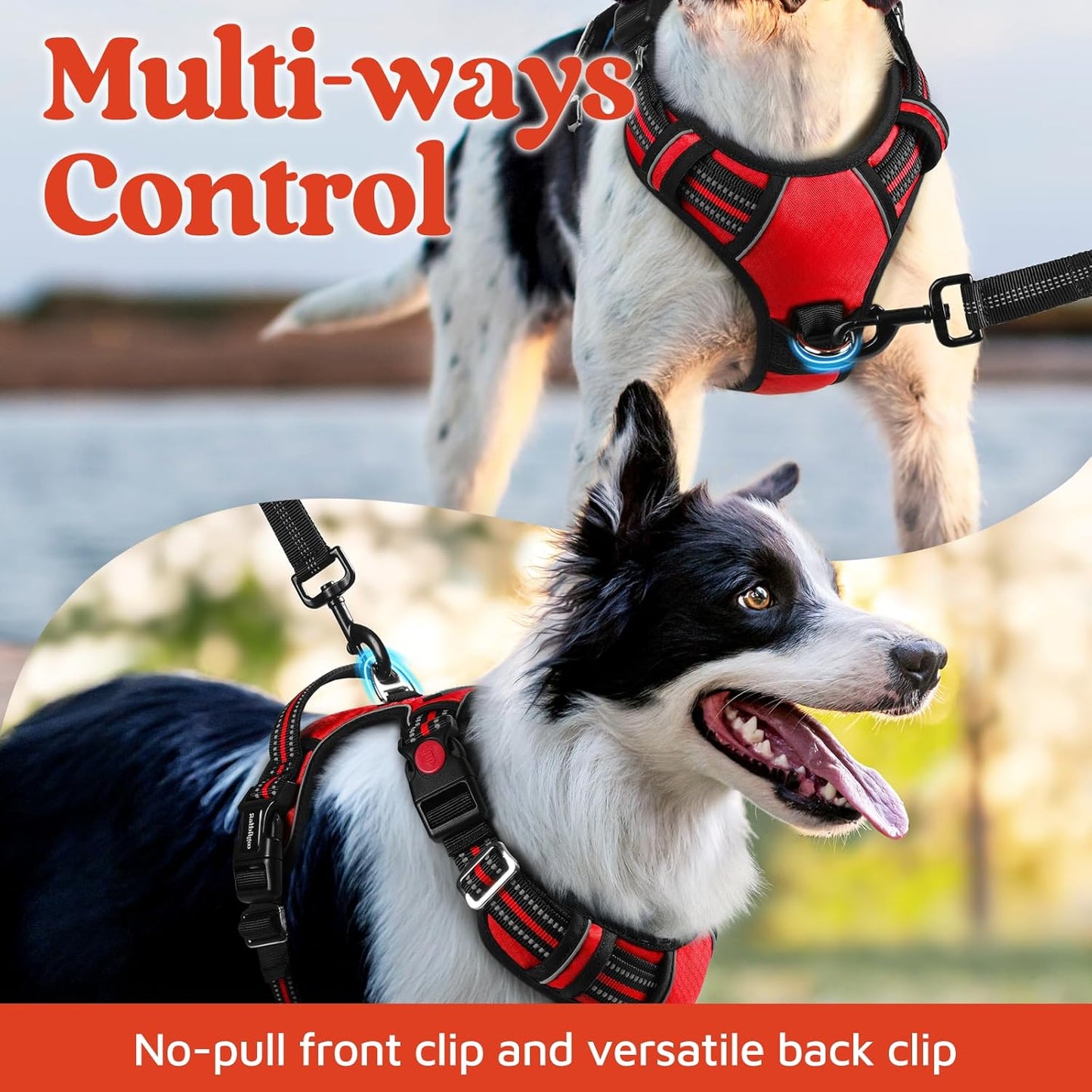 rabbitgoo Dog Harness Medium Sized, No Pull Dog Vest with 3 Buckles, Adjustable Soft Padded Pet Harness with Easy Control Handle and Reflective Strips, Red, M