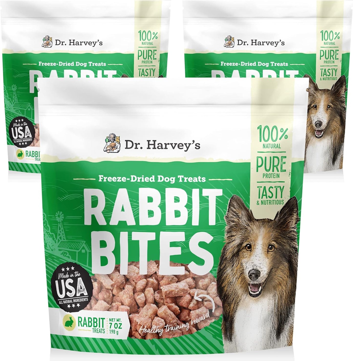 Dr. Harvey's Rabbit Bites Freeze-Dried Raw Dog Treats - Single Ingredient, All-Natural Rabbit Meat Protein for Dogs, Allergen-Free - 7 Ounces (3 Pack)