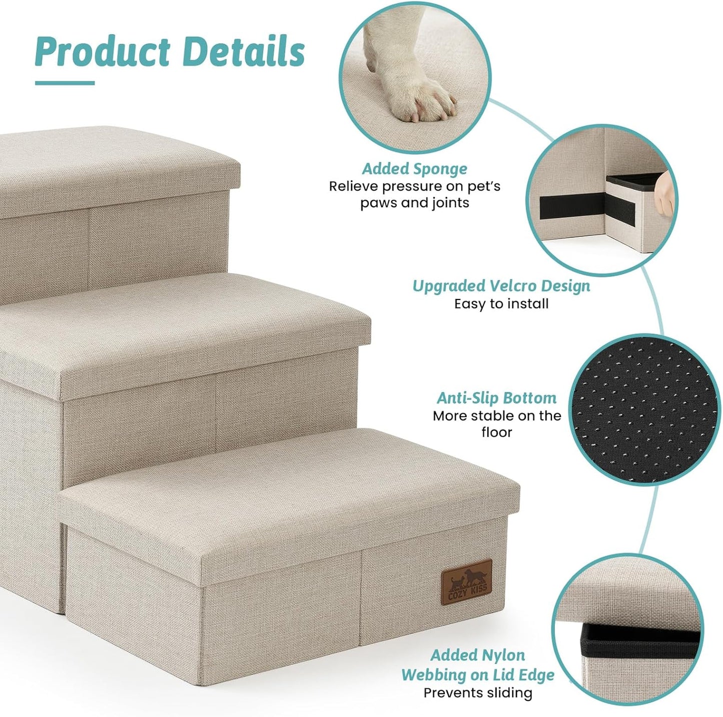 Dog Stairs with Storage, 4-Step Wider Sturdy Dog Steps for Small/Medium/Large Dogs and Older Cats, Folding Doggie Ramp for Bed/Couch/Car Hold Up to 180 lbs (22" H, Beige)