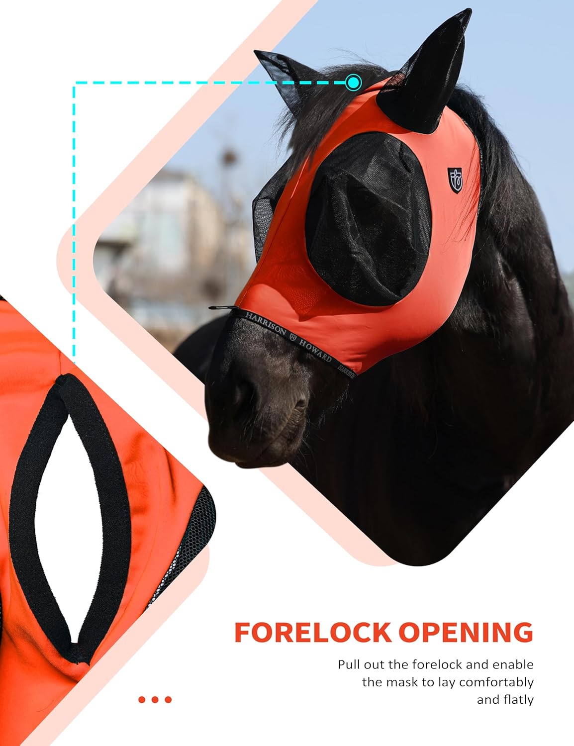 Harrison Howard Horse Fly Mask with Forelock Opening Stretch Breathable and Comfortable for Horses UV -Protection Orange M