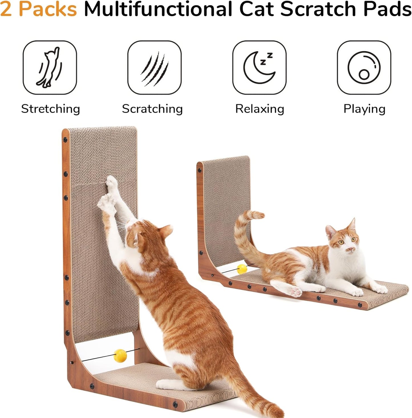 FUKUMARU Cat Scratcher, 26.8 Inch Cat Scratch Pad for Indoor Cats, L Shaped Cardboard Vertical Cats Scratching Board with Ball Toy, Walnut Color, 2 Packs