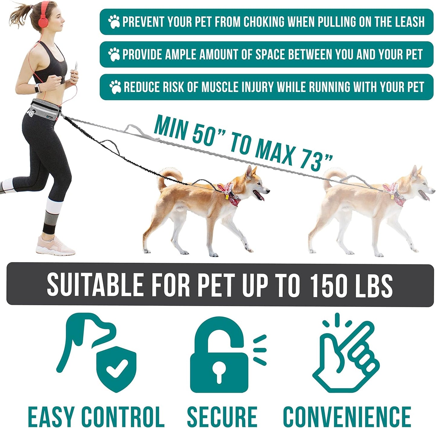 PetAmi Hands Free Dog Leash, Running Leash Belt Walking, Jogging, Waist Zipper Pouch with Poop Bag Dispenser, Dual Padded Handles, Reflective Durable Bungee Single, Heather Grey, 1 Leash