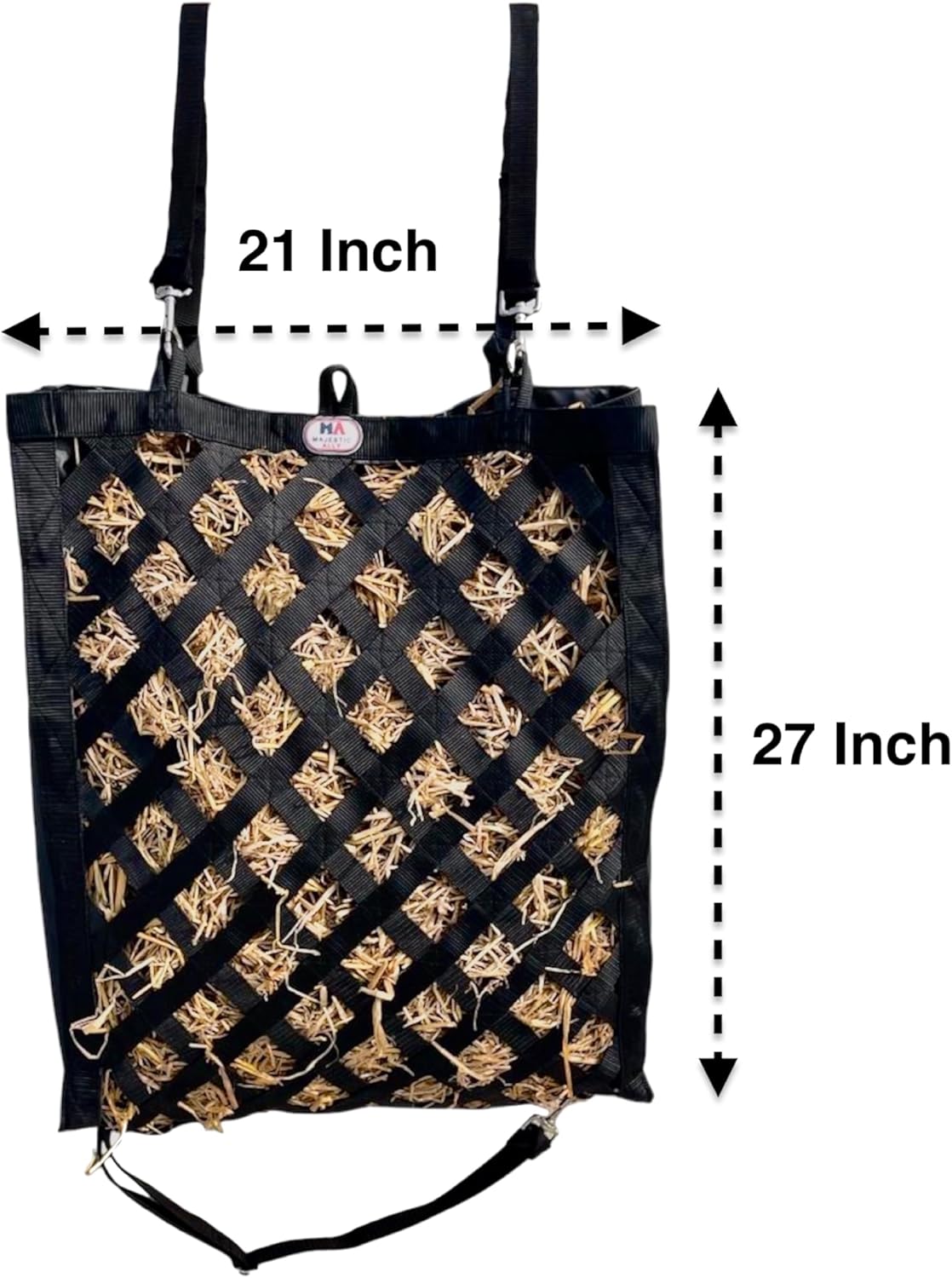 Majestic Ally Premium Nylon Hay Bag for Horses and Livestock, Simulates Grazing, Slow Feeding, Heavy-Duty PP Webbing,Quick-Adjust Straps, Small Hole for Digestion, Multiple Colors (Black)