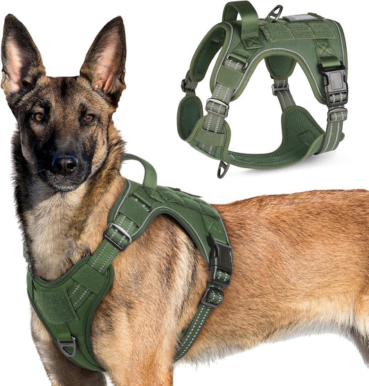 rabbitgoo Tactical Dog Harness for Large Dogs, No Pull Military Service Vest with Handle & Molle, Easy Control for Training Walking, Adjustable Reflective Straps, Green, XL