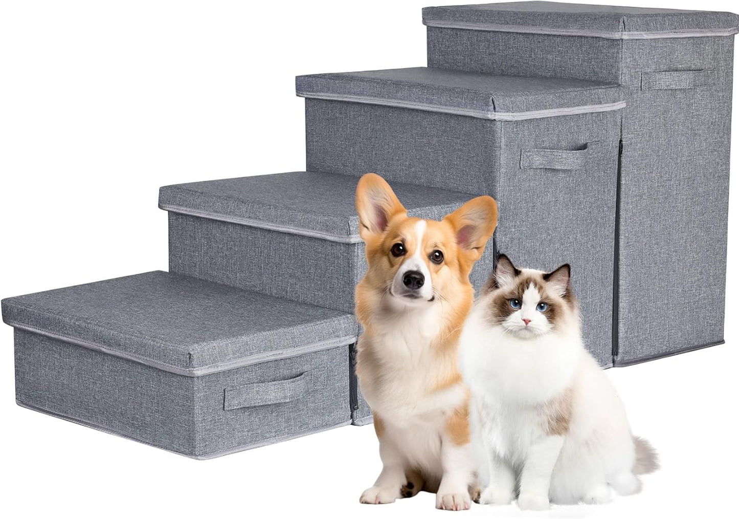 Dog Stairs with Storage, 4-Step Folding Pet Steps for Small Dogs and Cats, Pet Steps Storage with Zip, Pet Stairs for High Bed, Couch and Car Ramp (Gray, 4 Steps no Condo)