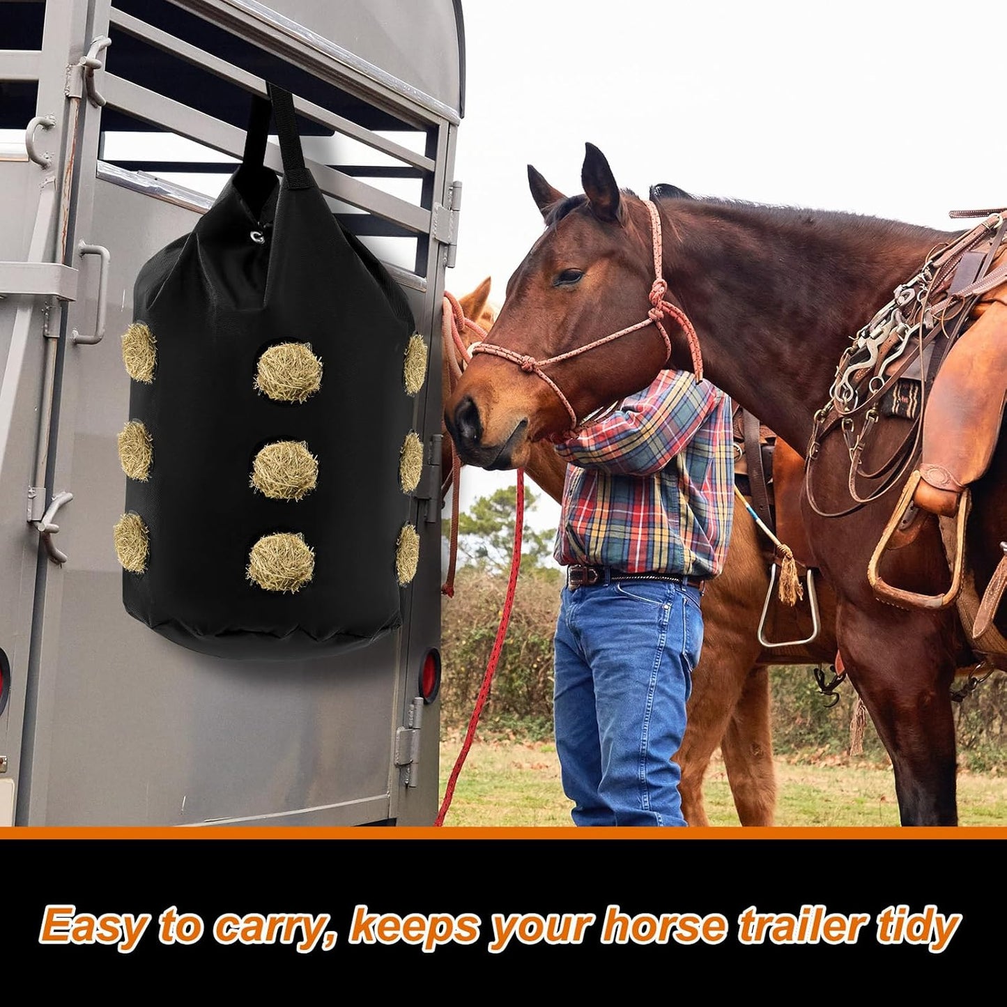 2 Pcs hay Bags for Horses Goats Slow Feed 1680D Oxford Bag Black Large Capacity Net Open Feed Hole Hay Holder for Horse Goats Sheep(15 Holes)