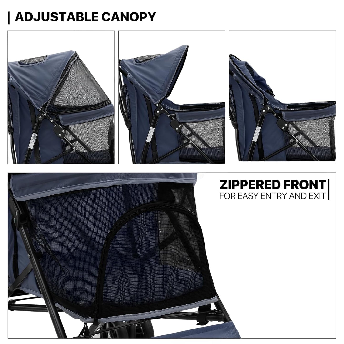MoNiBloom 4 Wheels Pet Stroller, Easy-Fold Puppy Cage Jogger Stroller with Sun Cover, Pad and Rear Storage Bag, Breathable and Visible Mesh for Small/Medium Pets up to 22 lbs, Navy Blue