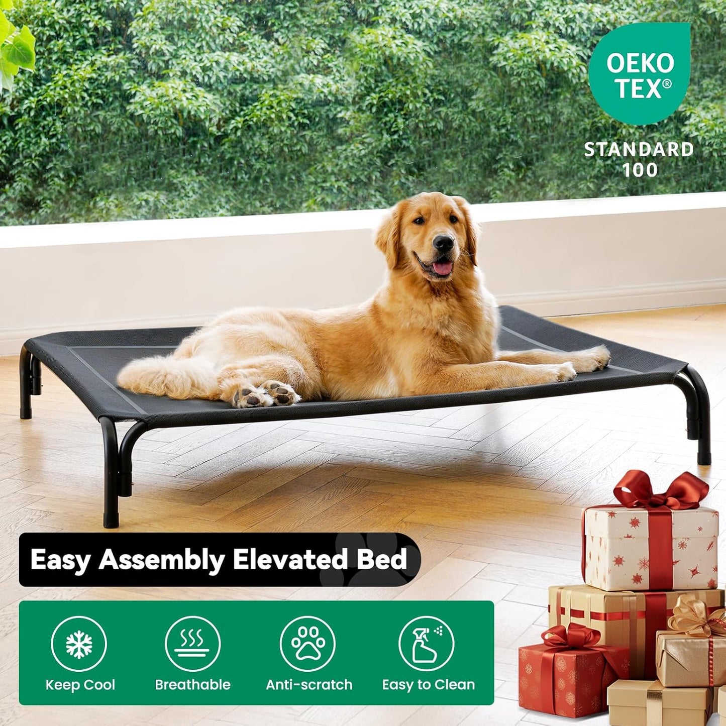 Elevated Dog Bed Raised Outdoor Dog Cot for Medium Dogs, Installation Requires No Tools, Frame with Washable Cooling Breathable Mesh Anti-Slip Feet, Indoor Pet Bed, Black, 35.4 Inches