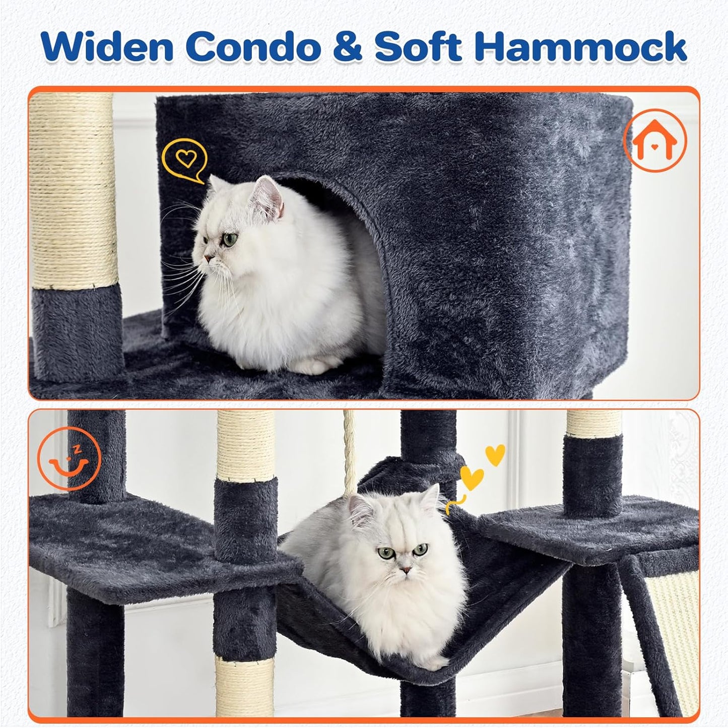 Cat Tree Tower 63in Multi-Level Cat Tower for Indoor Cats with Sisal Scratching Posts, Condo, Hammock, Dangling Ball and Extended Platform for Cats to Play, Dark Grey