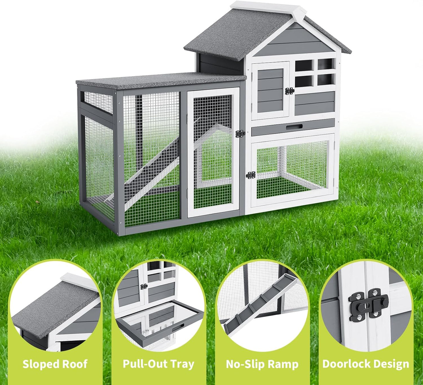 Rabbit Hutch 2-Tier, Small Wooden Chicken Coop for Outdoor Use - Weatherproof Small Animal Hutch with Non-Slip Ramp, 4 Access Doors & Removable Tray for Rabbits, Guinea Pigs, Ferrets (Indoor/Outdoor)