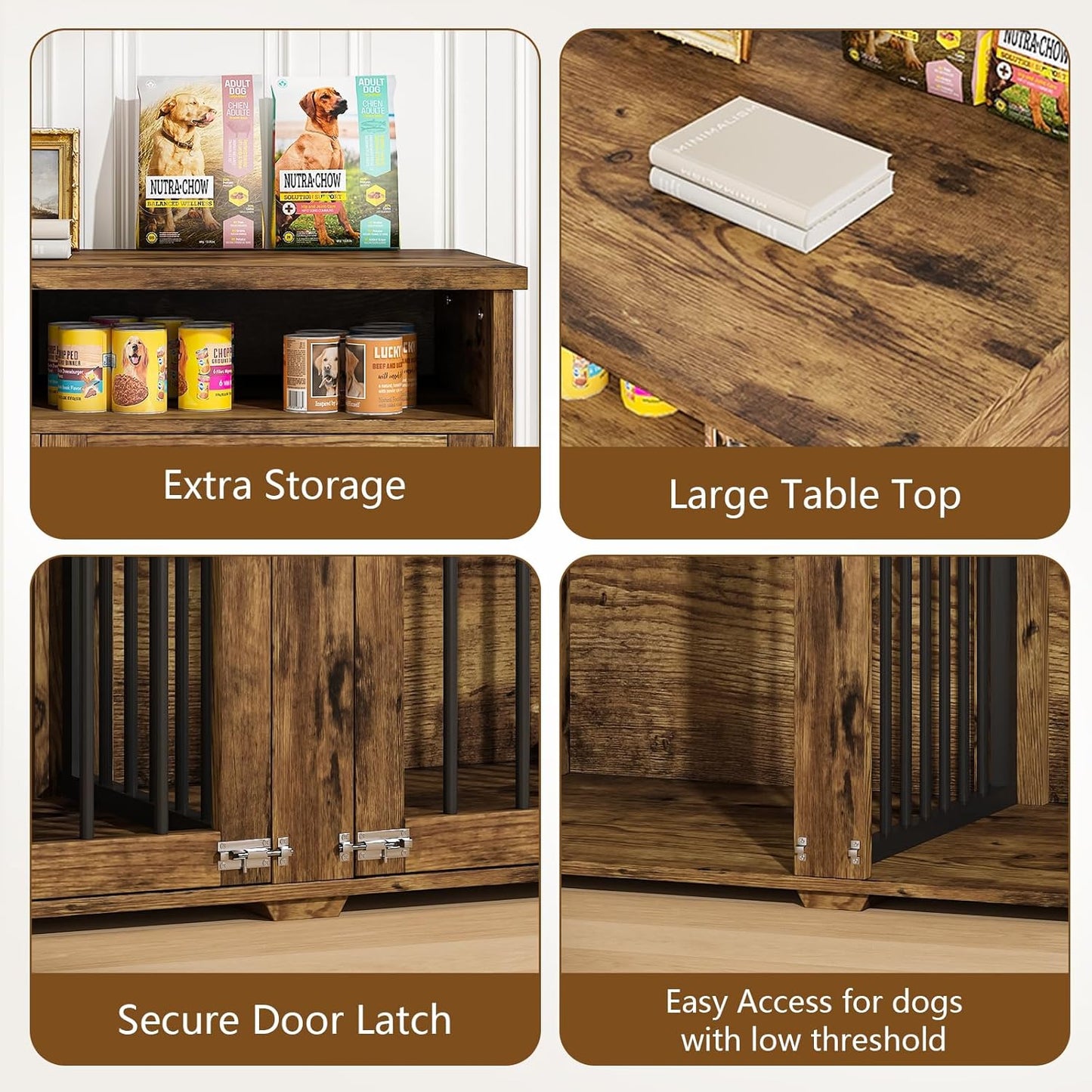 Furniture Dog Crate for 2 Dogs, 41 Inch Dog Kennel Furniture with Removable Divider and Shelf Storage, Wooden Dog Crate for Small/Medium Dogs, Rustic Brown