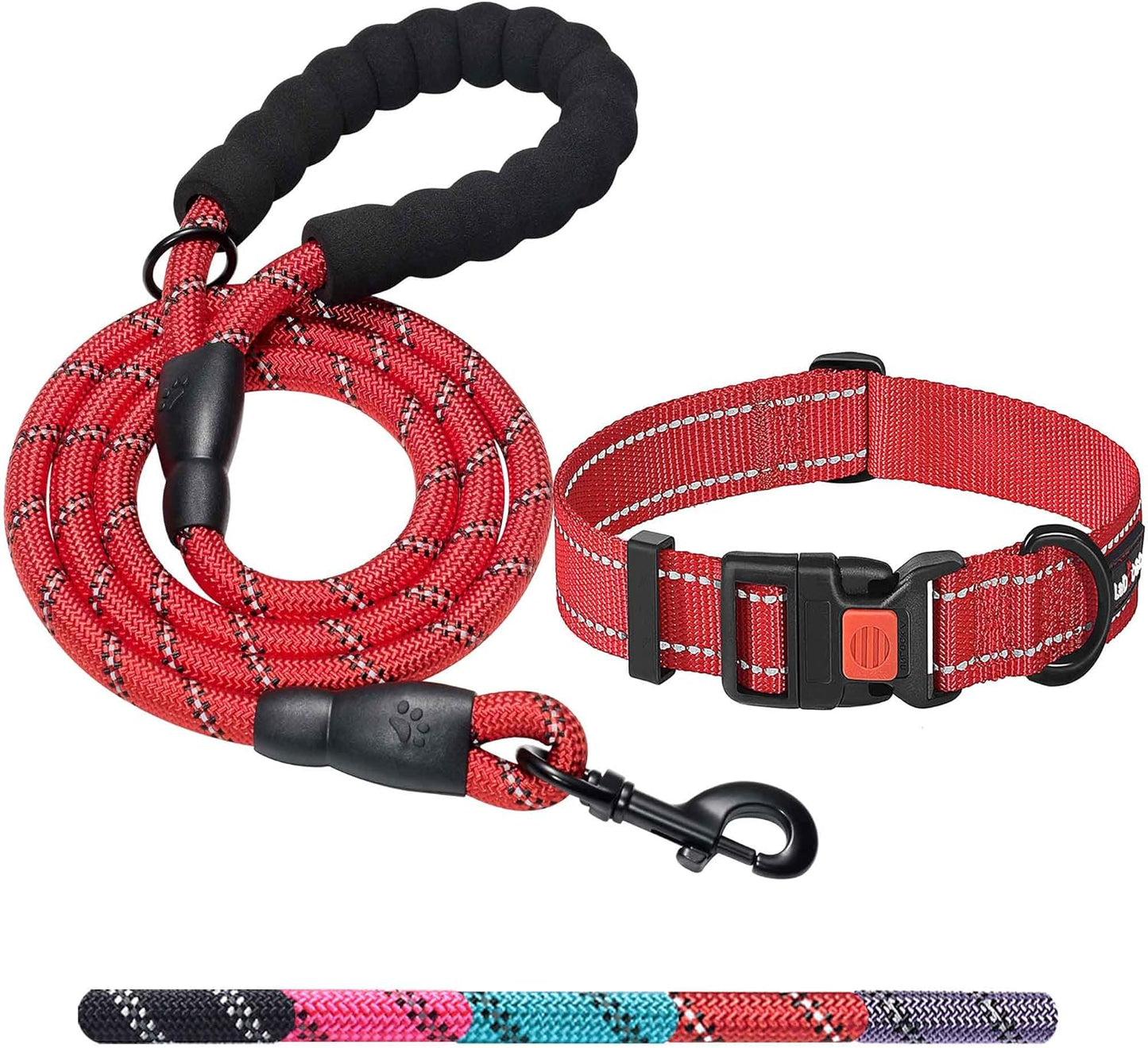 Heavy Duty Dog Leash - Comfortable Padded Handle, 5 ft Long - Dog Leashes for Small Medium Large Dogs (Leash+Collar XS Neck 10.5"-13.5", Red)