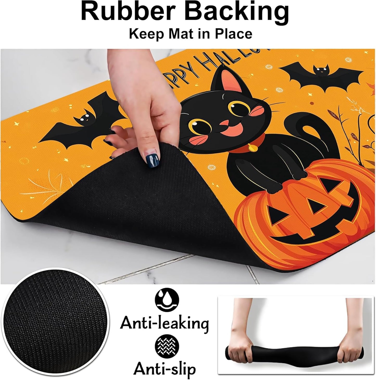 Happy Halloween Cat Pet Feeding Mat for Floors-Absorbent Dog Bowl Mat for Food and Water, Quick Dry Pet Cat Feeding Mats with Non Slip Bottom, Mess-Free Dog Accessories 12"x20"