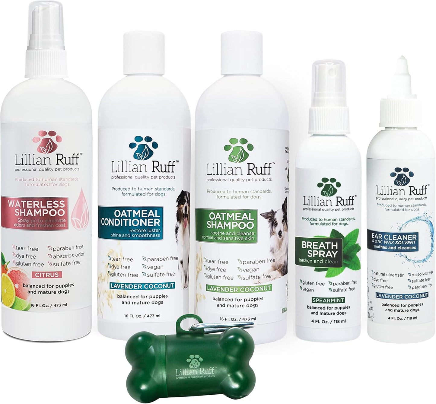 Lillian Ruff Starter Pack Gift Set for Dogs | Oatmeal Shampoo, Oatmeal Conditioner, Waterless Shampoo Citrus, Ear Cleaner & Otic Wax Solvent, Breath Spray, Leash Clip Waste Bag Dispenser with 15 Bags