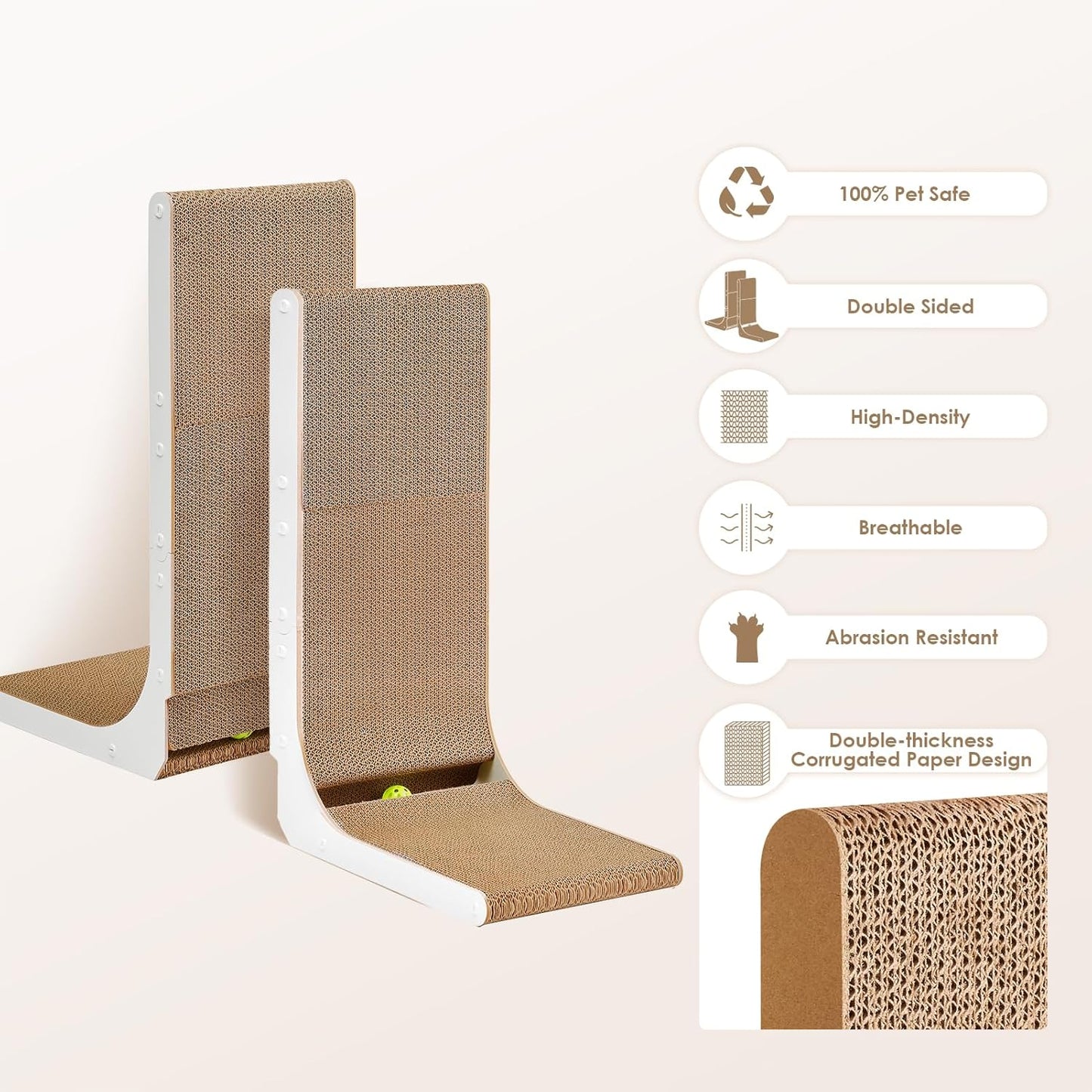 EHEYCIGA Cardboard Cat Scratcher for Indoor Kitten Cats, 19 Inch L Shaped Vertical Cat Scratching Board with Ball Cat Toy, Small Cat Scratcher Pad, White