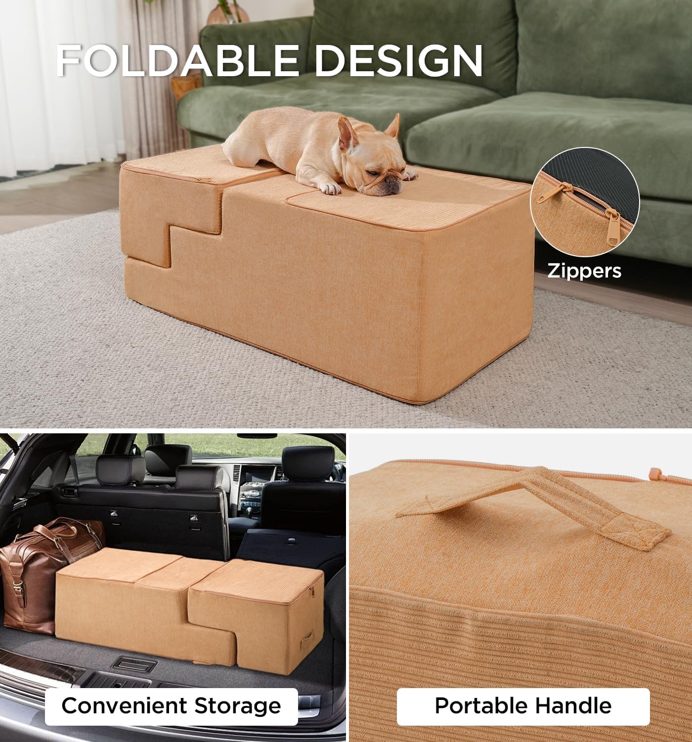 Made4Pets Dog Stairs for Small Dogs, Extra Wide Dog Steps for Bed Couch Sofa and Chair, 35D Foam Pet Steps for Small Dogs and Cats, Non-Slip Bottom Pet Stairs, Tan, 3 Steps