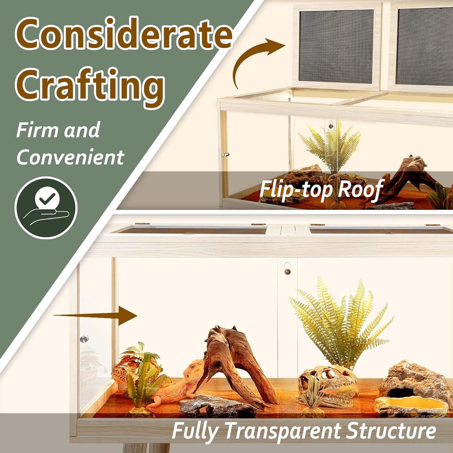 PROLEE Tempered Glass Reptile Enclosure with Leg,32“ Scratch-Proof Bearded Dragon Tank,32 Gallon Lizard Tank with Metal Mesh Tops and Lockable Door,Spacious Reptile Habitat for Snake,Lizard (Oak)