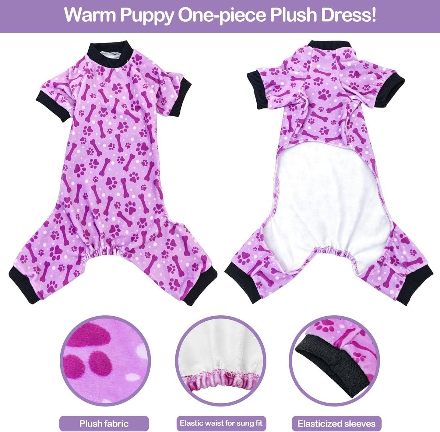 PET SHOW 4 Pack Small Dog Pajamas Paw Bone Patterns Cute Clothes for Medium Dogs Soft Fleece Stretchy PJs 4 Legged Jumpsuit Puppy Cats Onesies Outfits with Sleeve Dachshund Doggies Girl Boy (X-Large)