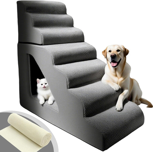 7 Step Pet Stairs Ramp for High Beds Sofas 22-42 Inch, Non-Slip Dog Stairs for Small Old Medium Large XL Dogs Cats, Sturdy 75 Pounds 33D Foam Balanced 6-Tier Ladder with Machine Washable Cover