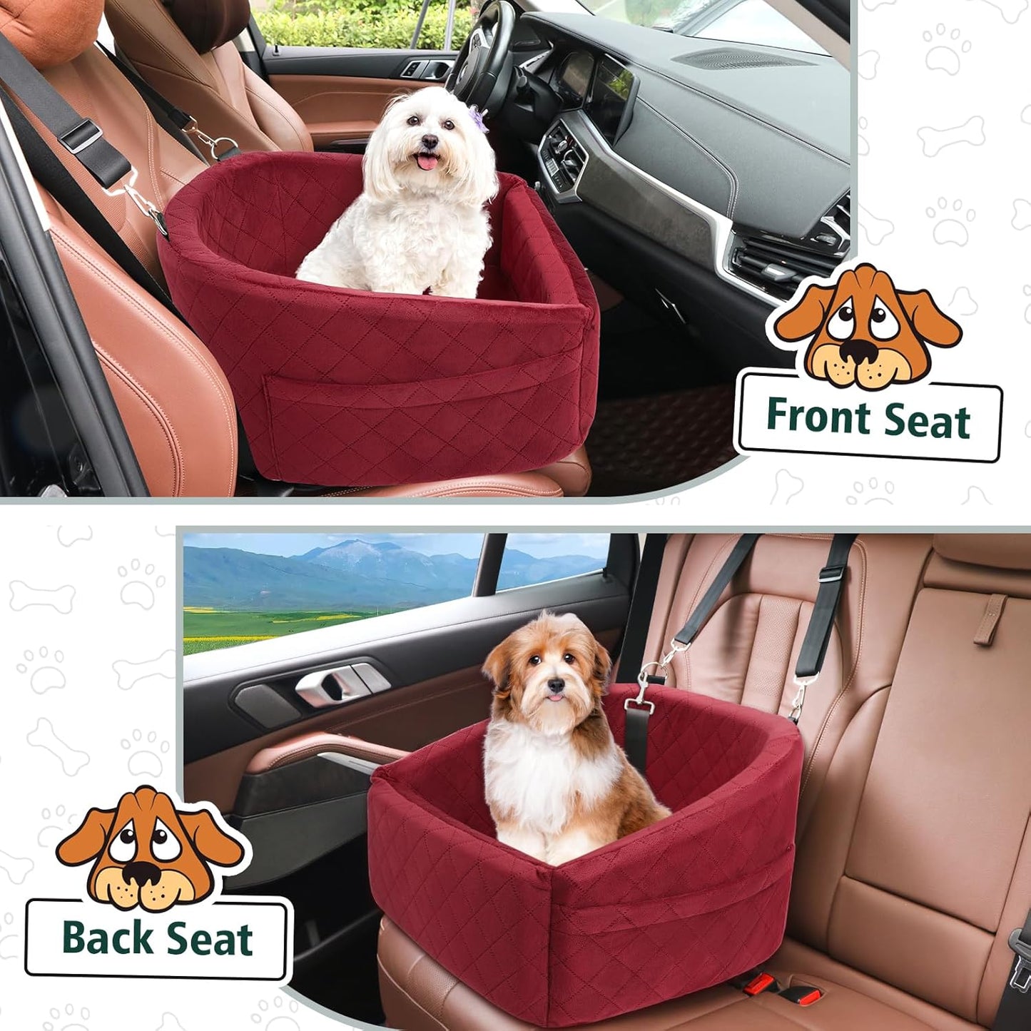 Dog Car Seat for Small Medium Dogs,Detachable Washable Dog Booster Seat Under 30lbs, Pet Car Seats Travel Bed with Storage Pockets and Safety Belt(Red)